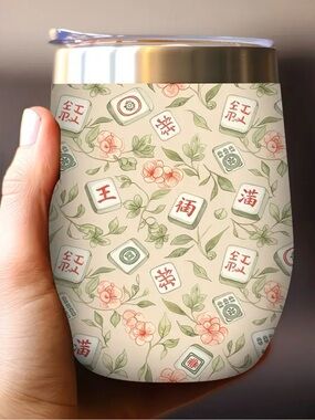 Floral Mahjong Pattern Stainless Travel Tumbler - Cream